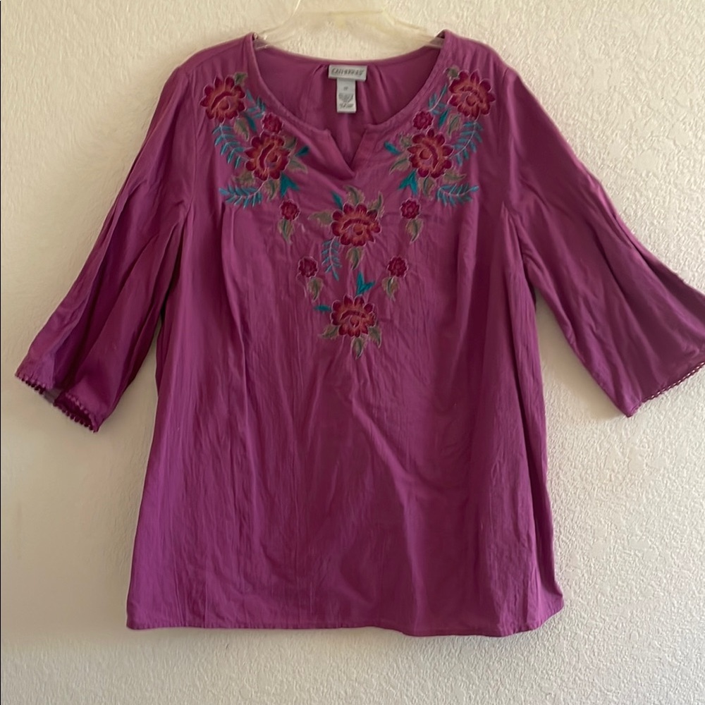 Catherine’s 0X linen embroidered purple tunic